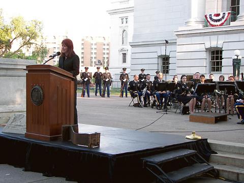 Lt. Gov. Kleefisch addressed the crowd outside of the South Entrance of the Capitol.